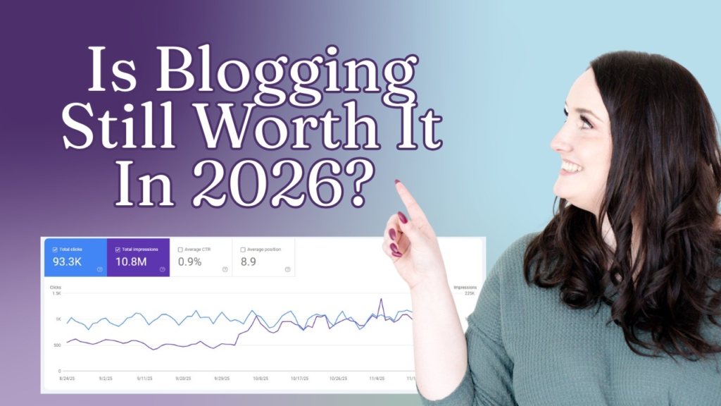 is blogging still worth it in 2026 banner with a woman pointing at the text