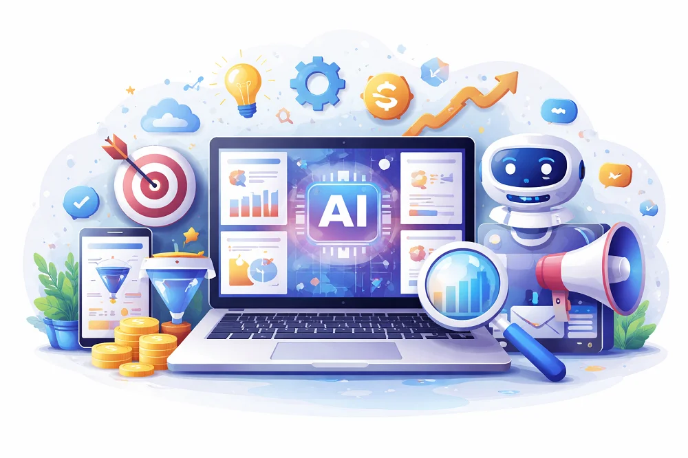 digital illustration of a laptop showing AI data and icons