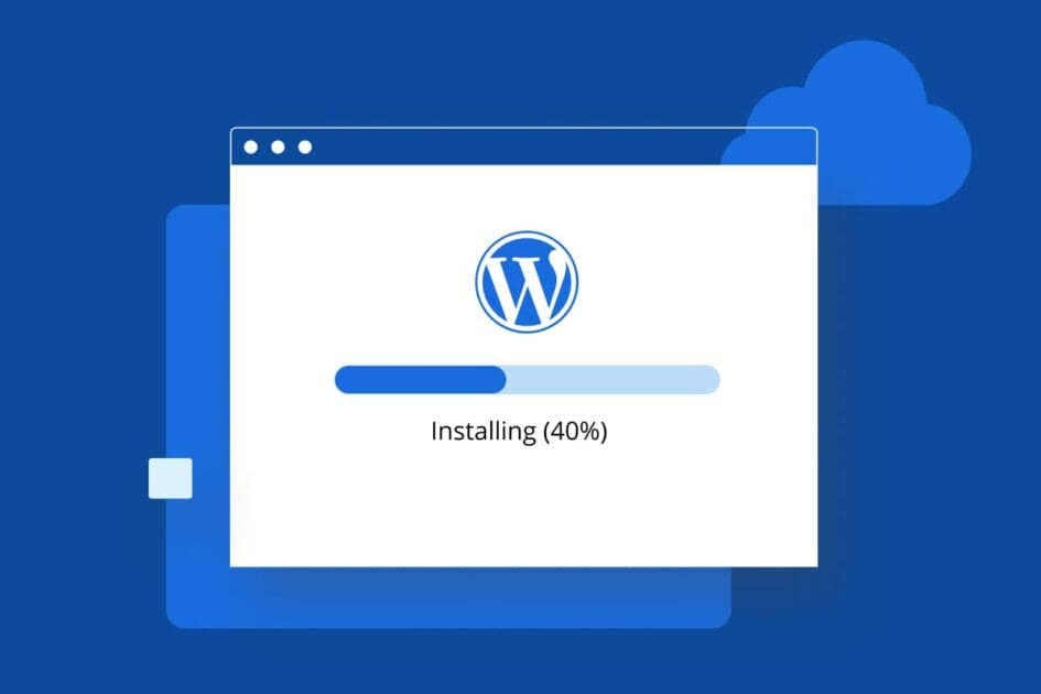 laptop screen showing a wordpress installation progress bar at 40%