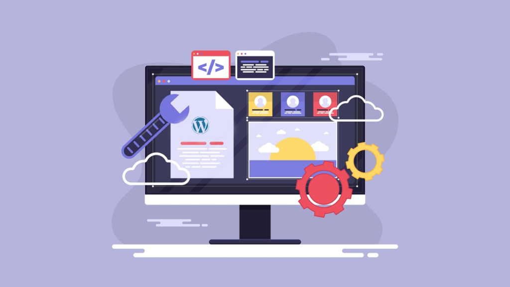 illustration of a computer monitor with WordPress, coding and maintenance icons