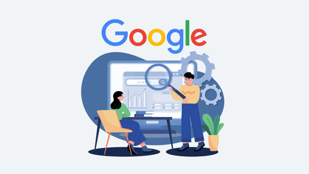 an illustration of two people working together to optimize a website for Google search results